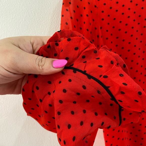 GANNI Mullin Georgette Red Polka Dot Long Sleeve Ruffle Hem Mini Dress Sz 2 - Picture 7 of 16